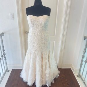 Oleg Cassini Sz 14, CMB619 Champagne Strapless Trumpet Wedding Dress
